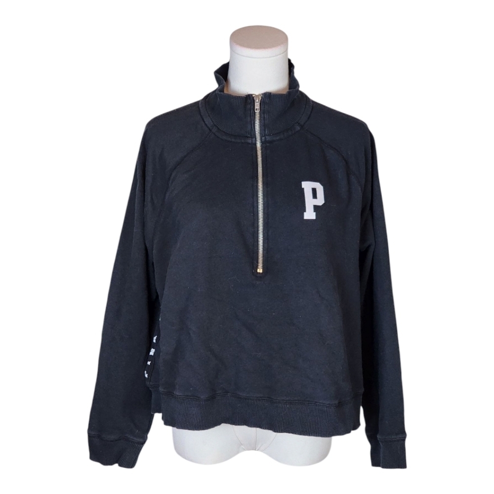 VS PINK Quarter Zip Pullover Sweatshirt Black Logo Side Stripe Relaxed Fit